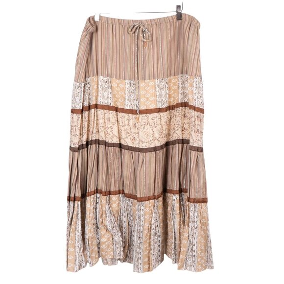 Billa Boho Maxi Skirt XL Womens Drawstring Waist Striped Floral Patchwork Brown - Picture 1 of 6